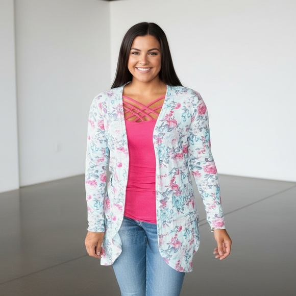 Michelle Mae Sweaters - Michelle Mae Mint Floral Cardigan – Pink & Blue Soft Knit Layering Piece